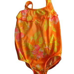 Vintage 1980's GIRLS 10 Swimsuit NYLON NEON ORANGE YELLOW 1 Piece swim suit  NEw